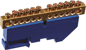 Шина (6*9) 8 отв. с изол. синий DIN  латунь