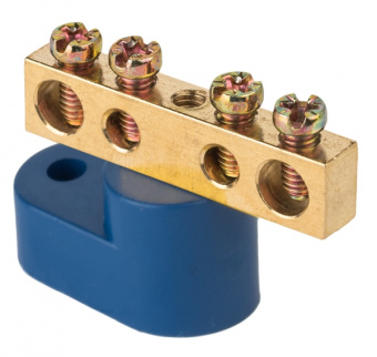 Шина 6*9 (4отверстия)латунь синий изолятор УГЛОВОЙ